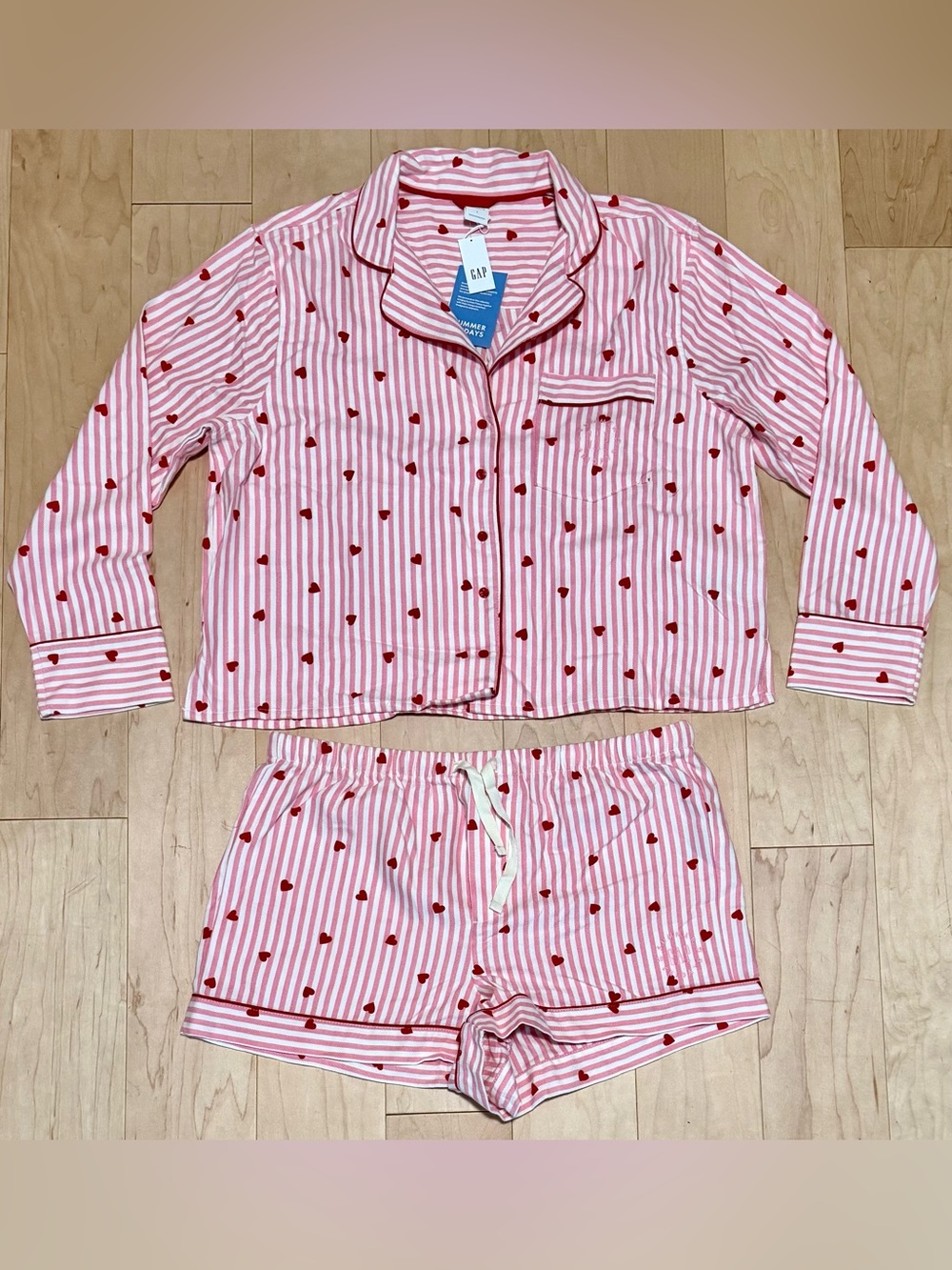 NWT GAP Summer Fridays Relaxed Flannel Pajama PJ Set Pink Hearts Striped Large